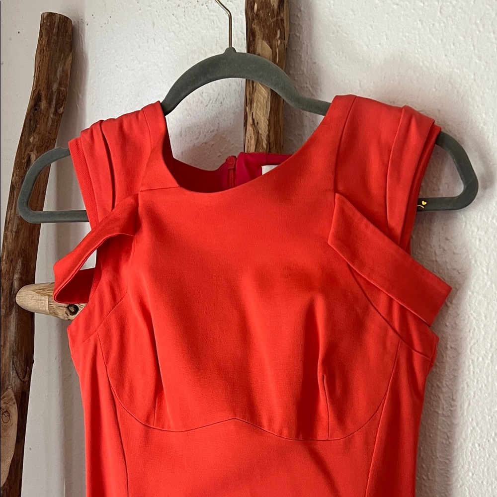 Reiss Orange-Red Coral Fitted Bodycon Cap-Sleeve Midi Sheath Dress 2 Stretch - Picture 12 of 12